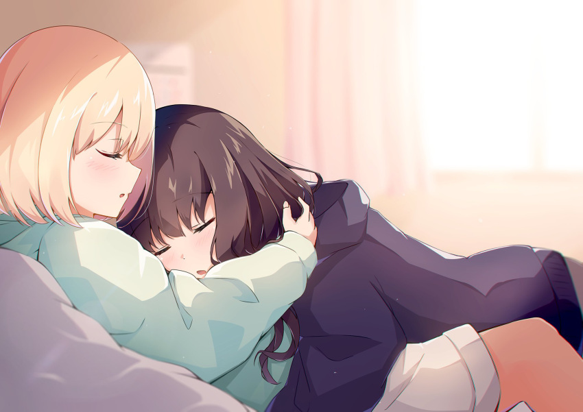 2girls, black_hair, blonde_hair, blue_hoodie, blurry, blurry_background, closed_eyes, fugnp, highres, hood, hood_down, hoodie, hug, indoors, inoue_takina, long_hair, long_sleeves, lycoris_recoil, lying, multiple_girls, nishikigi_chisato, on_back, on_bed, open_mouth, parted_lips, short_hair, shorts, sleeping, sleeping_on_person, white_shorts, yuri