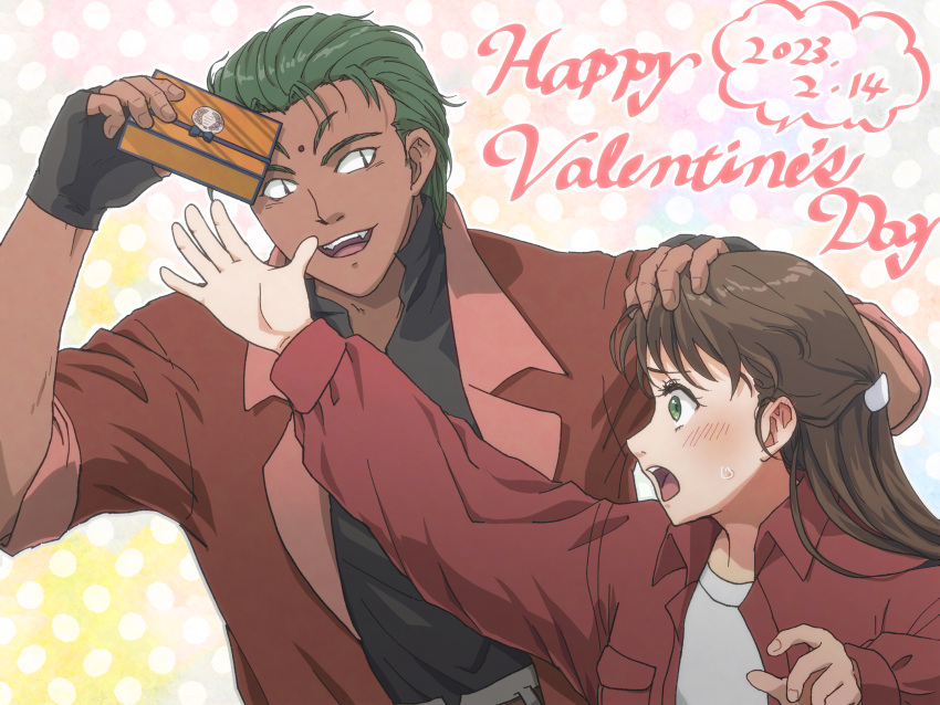 1boy, 1girl, bindi, blue_seed, brown_hair, constricted_pupils, couple, dark-skinned_male, dark_skin, facial_mark, fingerless_gloves, forehead_mark, fujimiya_momiji, gloves, green_eyes, green_hair, hetero, highres, jacket, kusanagi_mamoru, long_hair, okabou, red_jacket, short_hair, valentine
