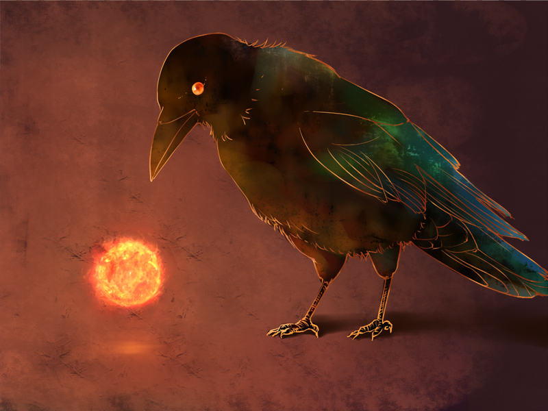bird, glowing, glowing_eyes, no_humans, plus-kitsch, raven, raven_(animal), red_eyes