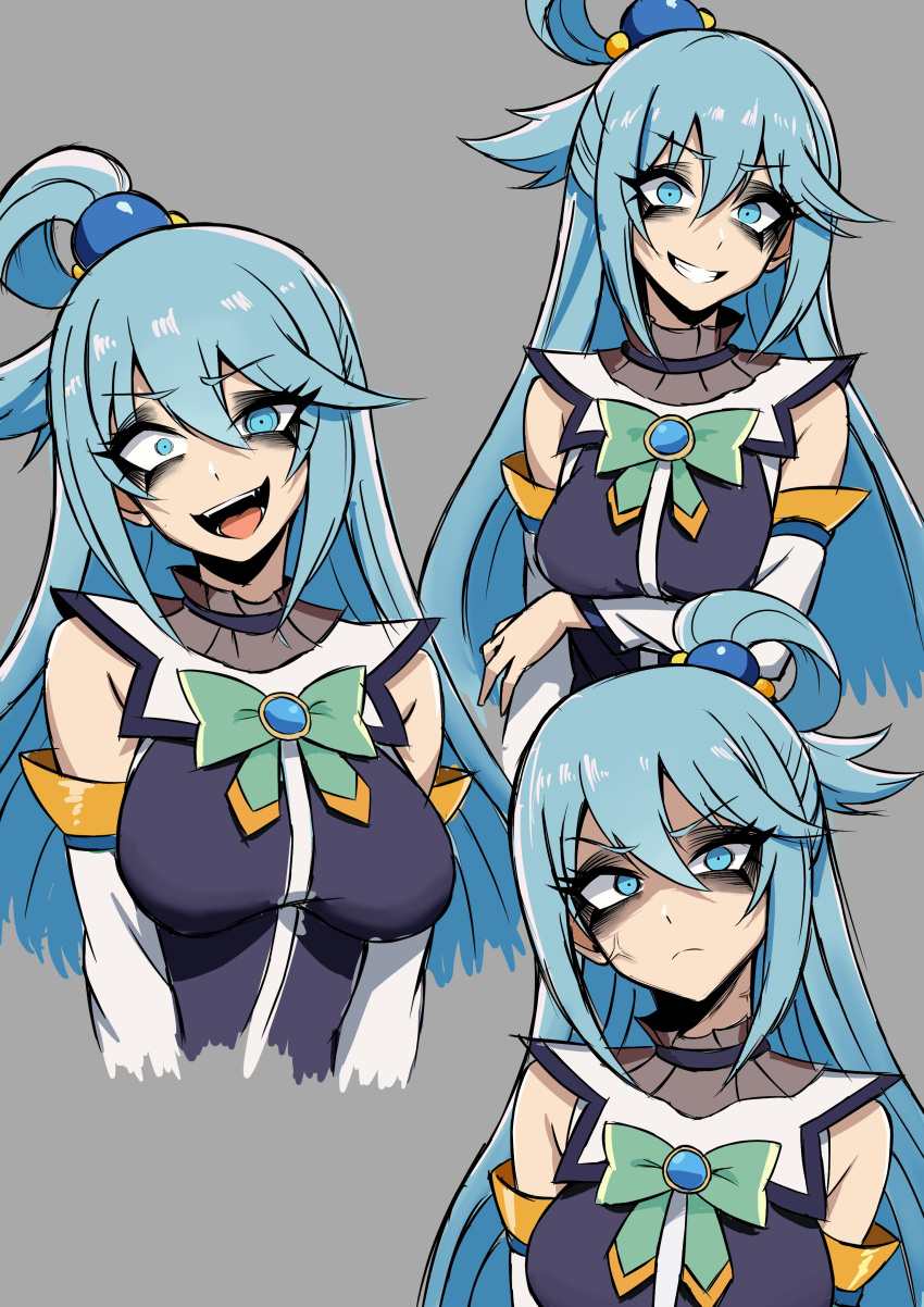 1girl, absurdres, anger_vein, aqua_(konosuba), bags_under_eyes, bare_shoulders, black_eyeliner, black_eyeshadow