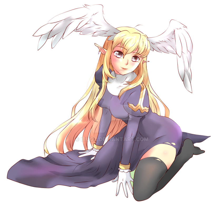 1girl, black_thighhighs, blonde_hair, breasts, closed_mouth, commentary, dress, english_commentary, feathered_wings, full_body, gloves, head_wings, ibugz, juliet_sleeves, kneeling, long_hair, long_sleeves, looking_at_viewer, medium_breasts, mole, mole_under_eye, no_shoes, pointy_ears, priest_(ragnarok_online), puffy_sleeves, purple_dress, ragnarok_online, simple_background, smile, solo, thigh-highs, transparent_background, very_long_hair, violet_eyes, watermark, white_gloves, white_wings, wings