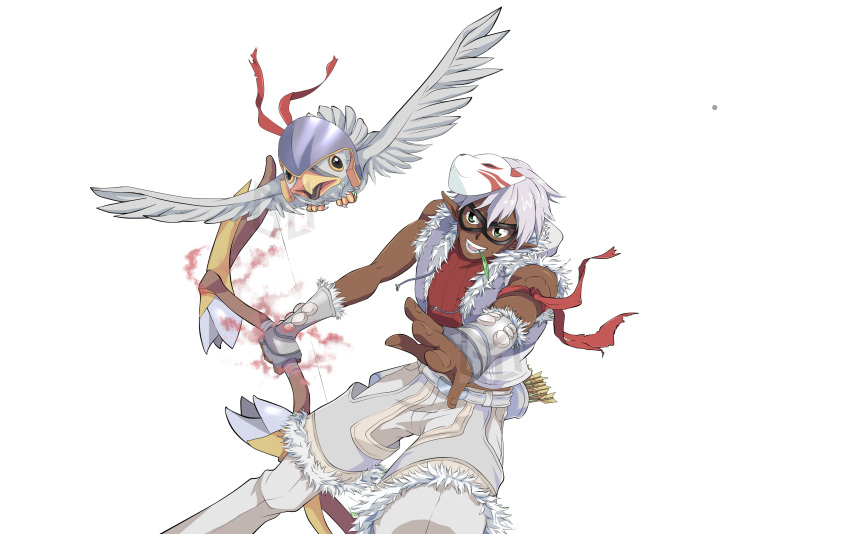 1boy, absurdres, armband, bird, blue_eyes, bow_(weapon), commentary, cowboy_shot