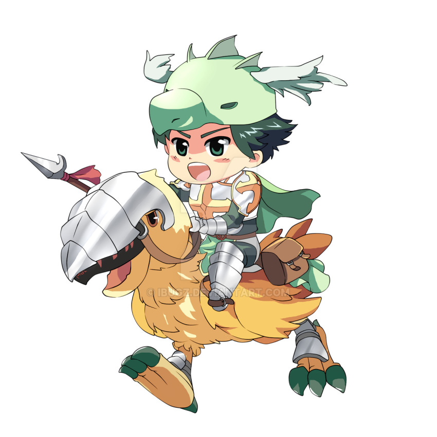 1boy, armor, armored_boots, bird, boots, breastplate, cape, chibi