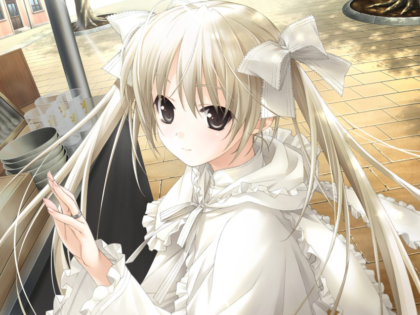 bow, bowl, brown_eyes, day, dress, drinking_glass, flat_chest, frilled_dress