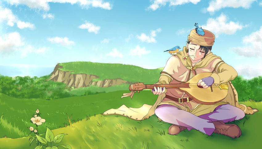 1boy, absurdres, bard_(ragnarok_online), belt, bird, black_hair, blue_sky, boots