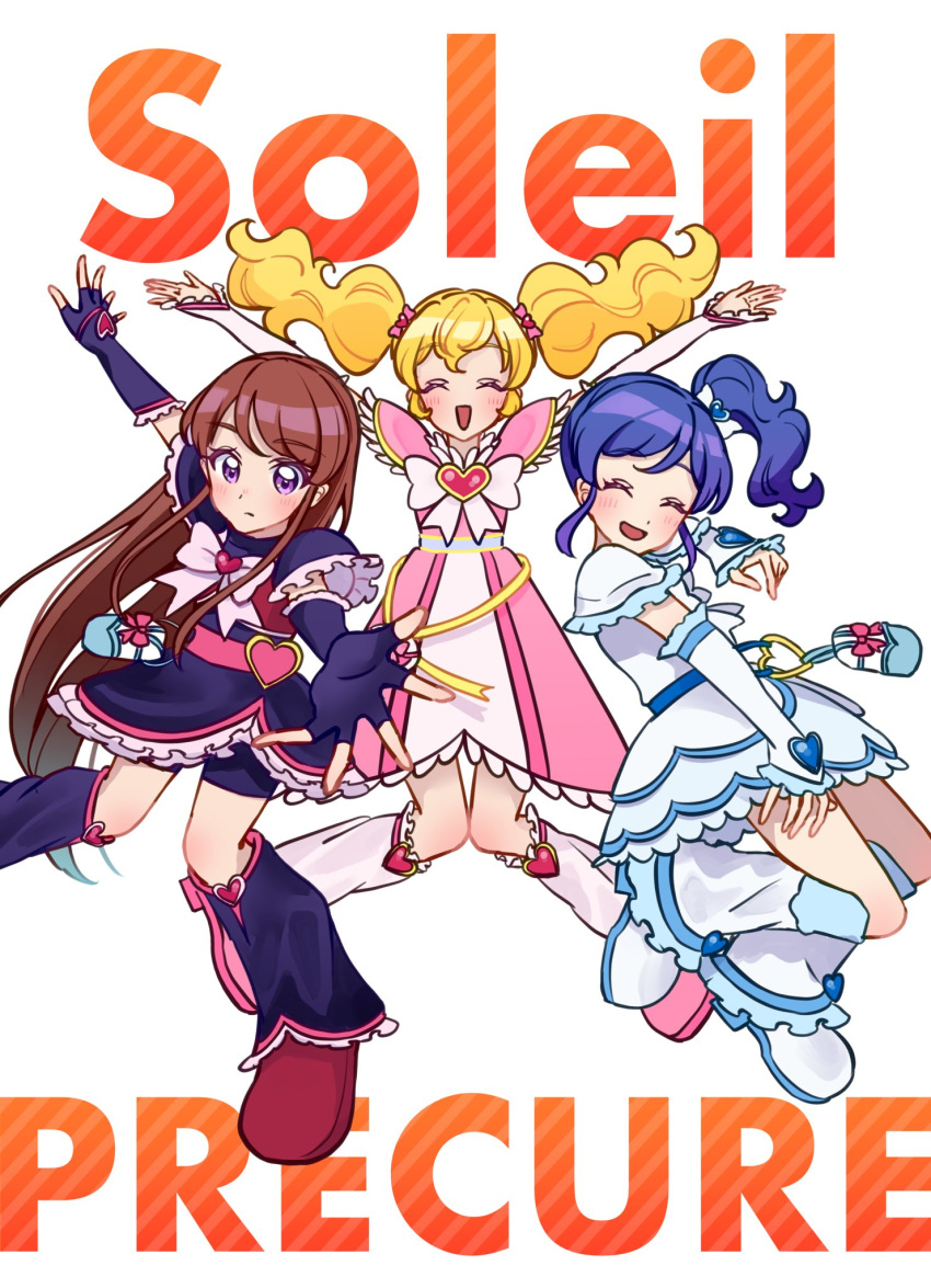 3girls, aikatsu!_(series), apricotchan0202, arms_up, black_arm_warmers, black_leg_warmers, blonde_hair, blue_hair