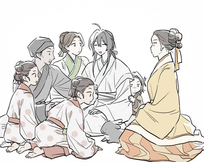 3girls, 4boys, ahoge, bakku_(fspz4427), barefoot, beard_stubble, black_hair, brown_hair