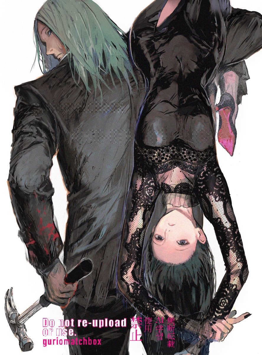 1boy, 1girl, artist_name, assassin, black_coat, black_dress, black_hair, black_nails, blank_stare, blonde_hair, breasts, carrying_upside, coat, dress, fishnet_dress, fishnet_sleeves, fishnets, forehead, grey_eyes, grey_hair, guri_otoko, hammer, high_heels, highres, looking_at_viewer, nail_polish, osaragi_(sakamoto_days), patterned_clothing, sakamoto_days, scar, scar_on_chin, scar_on_face, see-through_clothes, see-through_dress, see-through_sleeves, shishiba_(sakamoto_days), small_breasts, stiletto_heels, upside-down, upside-down_head, white_background