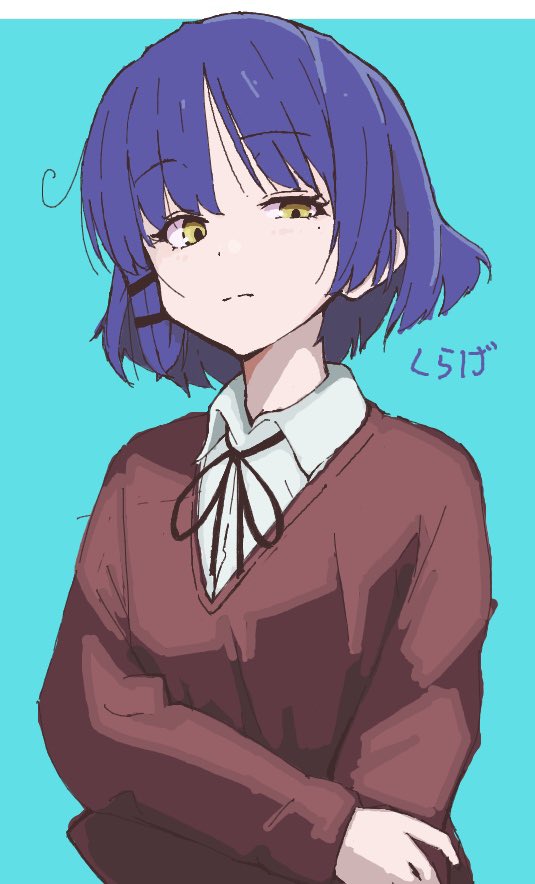 blue_hair, bocchi_the_rock!, holding_own_arm, kurage_yamanasi, looking_at_viewer, mole, mole_under_eye, school_uniform
