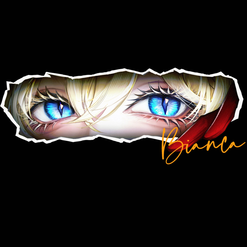 1girl, aegyo_sal, bianca_(path_to_nowhere), black_background, blonde_hair, blue_eyes, character_name, chinese_commentary