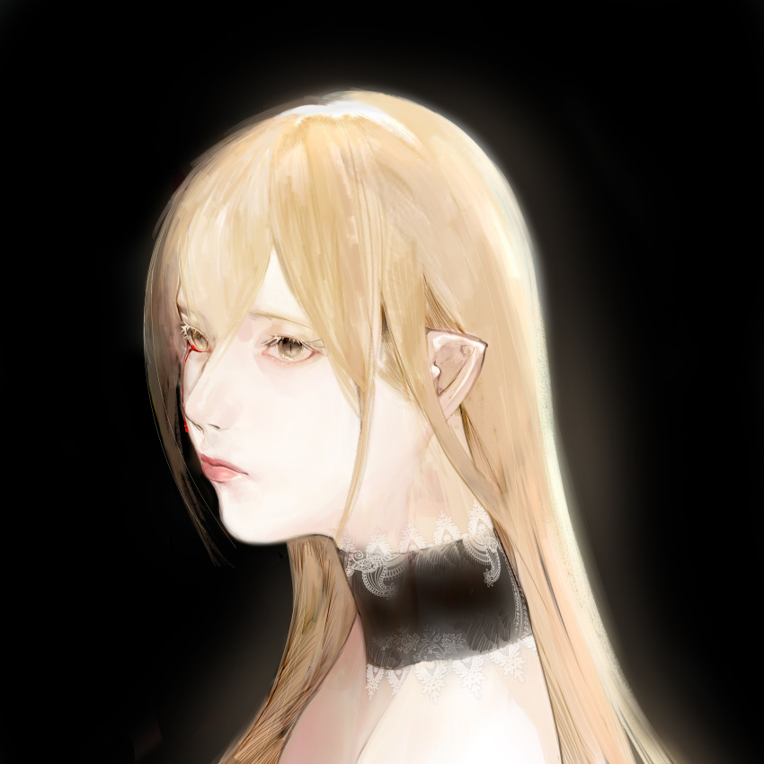 1girl, absurdres, bare_shoulders, black_choker, blonde_hair, blood, blood_from_eyes, choker