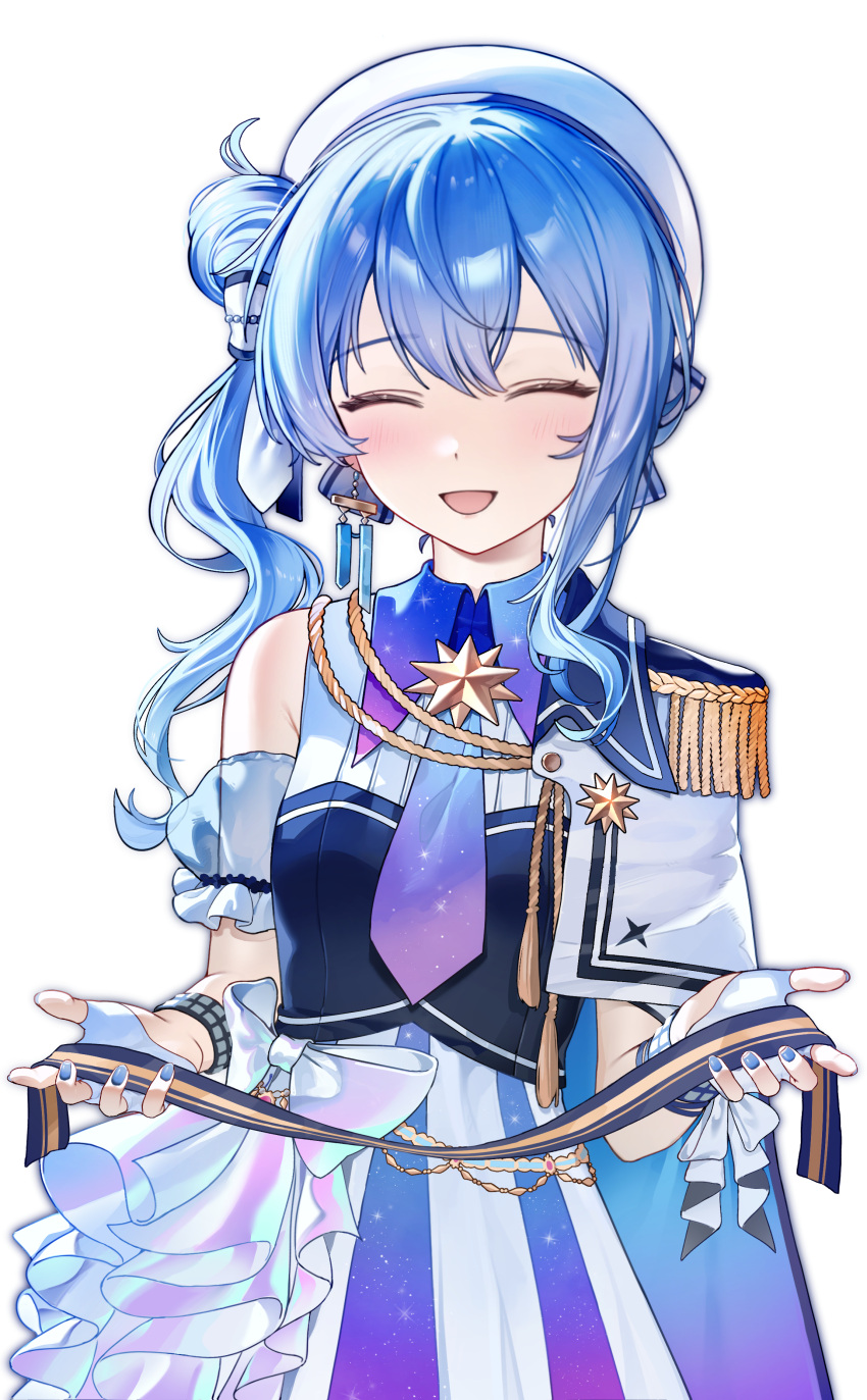 1girl, absurdres, aiguillette, beret, blue_hair, blue_nails, blush, chinese_commentary
