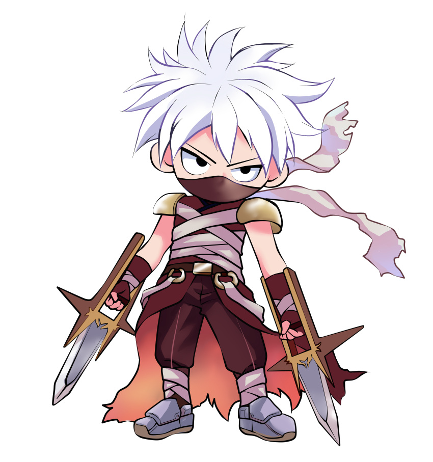 1boy, absurdres, armor, armored_boots, assassin_(ragnarok_online), bandages, bandages_over_clothes, black_eyes, boots, brown_cape, brown_pants, brown_shirt, cape, chibi, chibi_only, commentary, dagger, dual_wielding, english_commentary, full_body, highres, holding, holding_dagger, holding_knife, holding_weapon, ibugz, jamadhar, knife, looking_at_viewer, male_focus, mask, mouth_mask, ninja_mask, pants, pauldrons, ragnarok_online, shirt, short_hair, shoulder_armor, simple_background, sleeveless, sleeveless_shirt, solo, standing, torn_cape, torn_clothes, transparent_background, v-shaped_eyebrows, waist_cape, weapon, white_hair