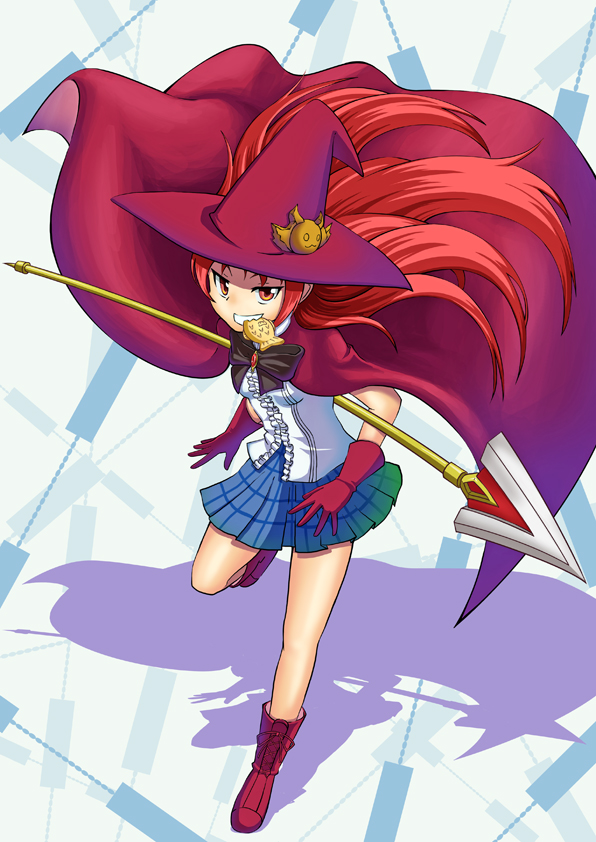 boots, cape, cosplay, food, hat, kirisaki_kyouko_(toloveru), kirisaki_kyouko_(toloveru)_(cosplay), mahou_shoujo_madoka_magica, namesake, polearm, red_eyes, red_hair, redhead, sakura_kyouko, shiratsuki_(wscbsrw0904), skirt, solo, spear, taiyaki, to_love-ru, wagashi, weapon, witch_hat