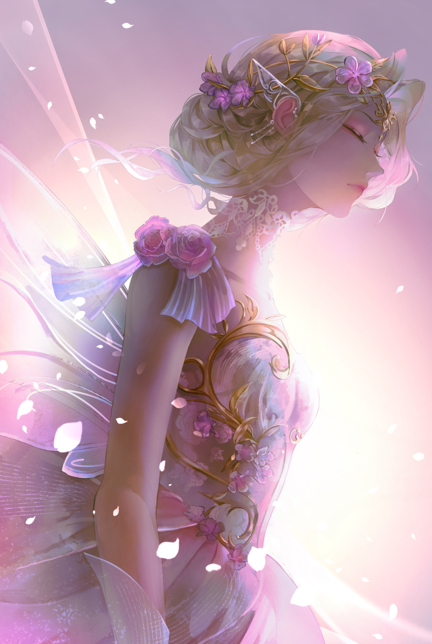 1girl, absurdres, blonde_hair, blooming_dreams_(infinity_nikki), choker, circlet, closed_eyes, closed_mouth, cowboy_shot, dress, expressionless, eyelashes, eyeshadow, fairy, fairy_wings, fake_pointy_ears, flower, gloves, gold_circlet, hair_bun, hair_flower, hair_ornament, highres, infinity_nikki, lace, lace_choker, lipstick, long_dress, makeup, nikki_(series), oblivion_(user_ugke8872), outdoors, petals, pink_eyeshadow, pointy_ears, pointy_nose, purple_dress, purple_flower, purple_gloves, purple_wings, red_lips, short_hair, single_hair_bun, sleeveless, sleeveless_dress, solo, standing, sunlight, sunset, transparent_wings, updo, white_choker, wings