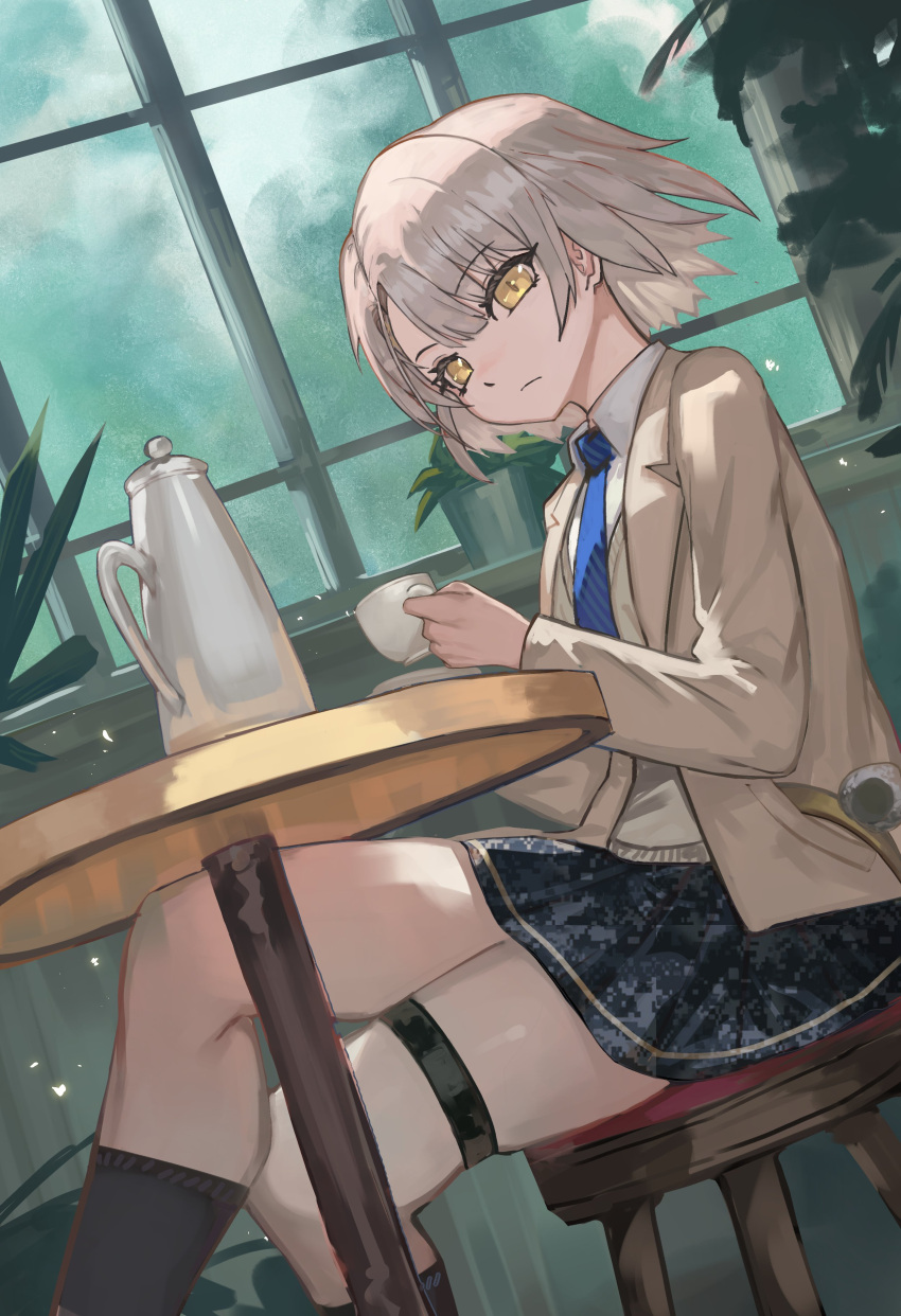 1girl, absurdres, black_socks, blue_necktie, closed_mouth, collared_shirt, commission, cup