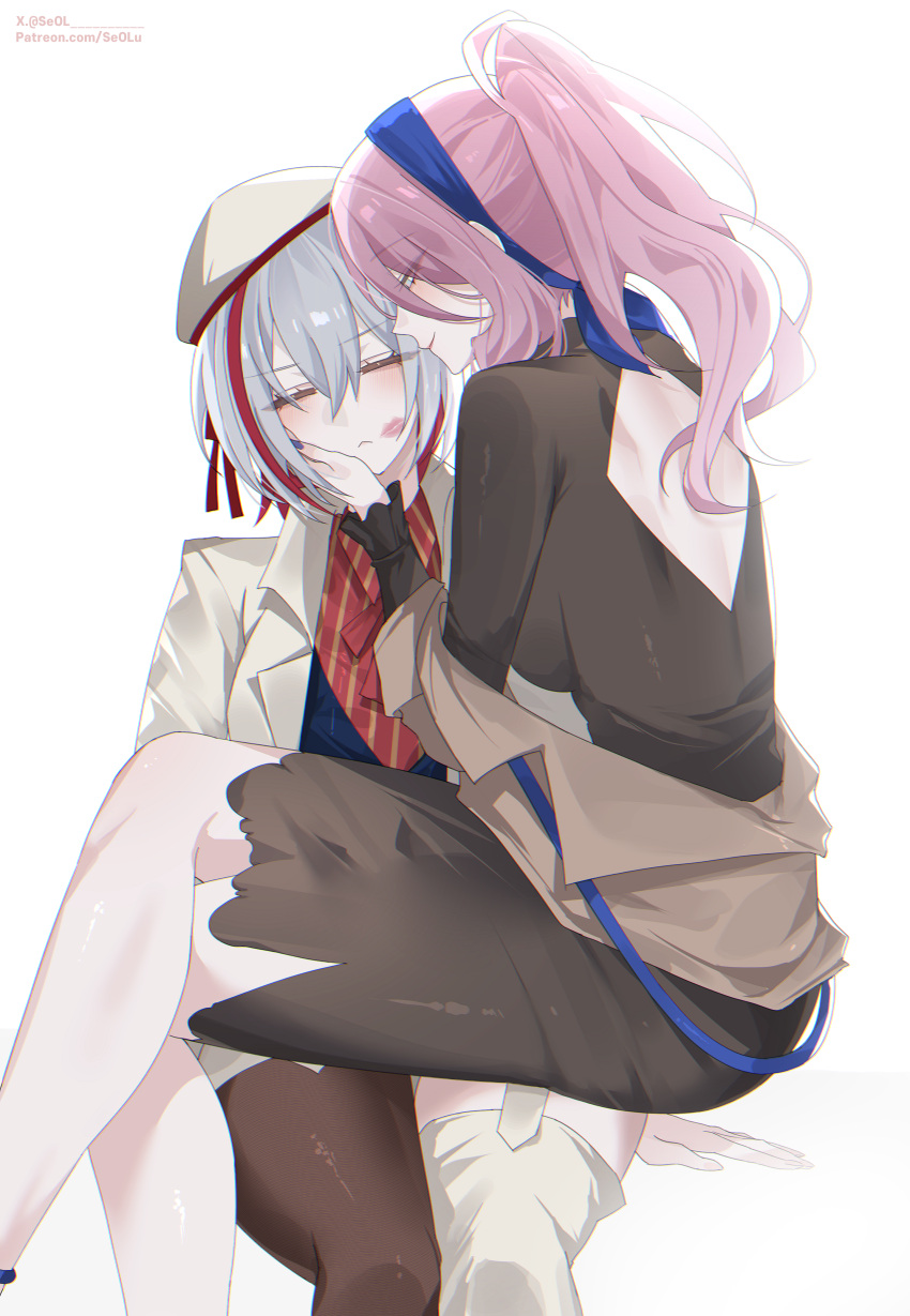 2girls, absurdres, back_cutout, black_dress, blue_hairband, carrying, carrying_person, closed_eyes