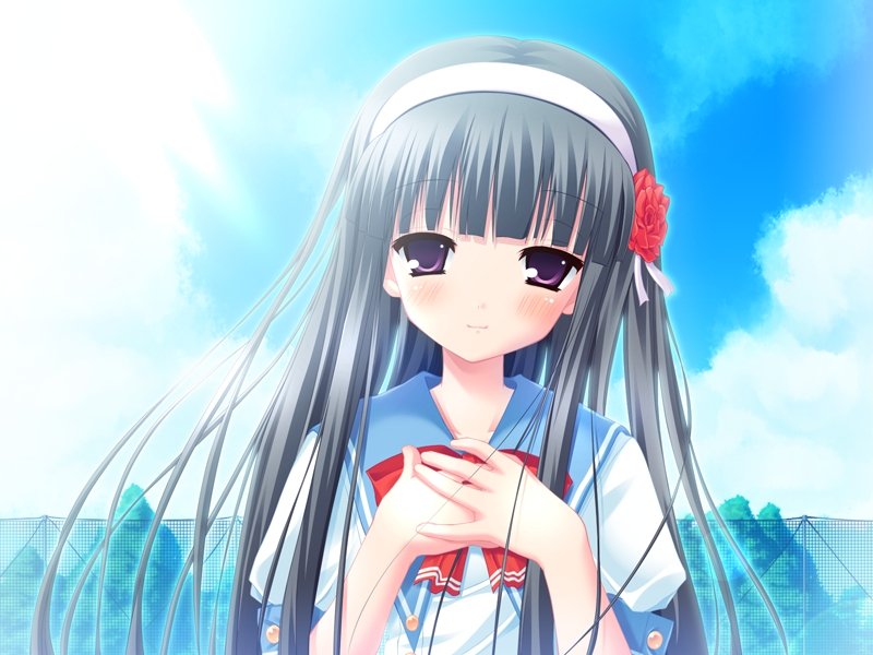 alcot_(company), bangs, black_hair, blush, cloud, clouds, day, fairchild