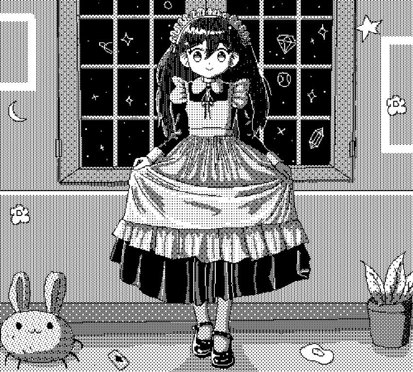 1girl, alternate_costume, animated, animated_gif, apron, blinking, bug_bunny_(omori), closed_mouth