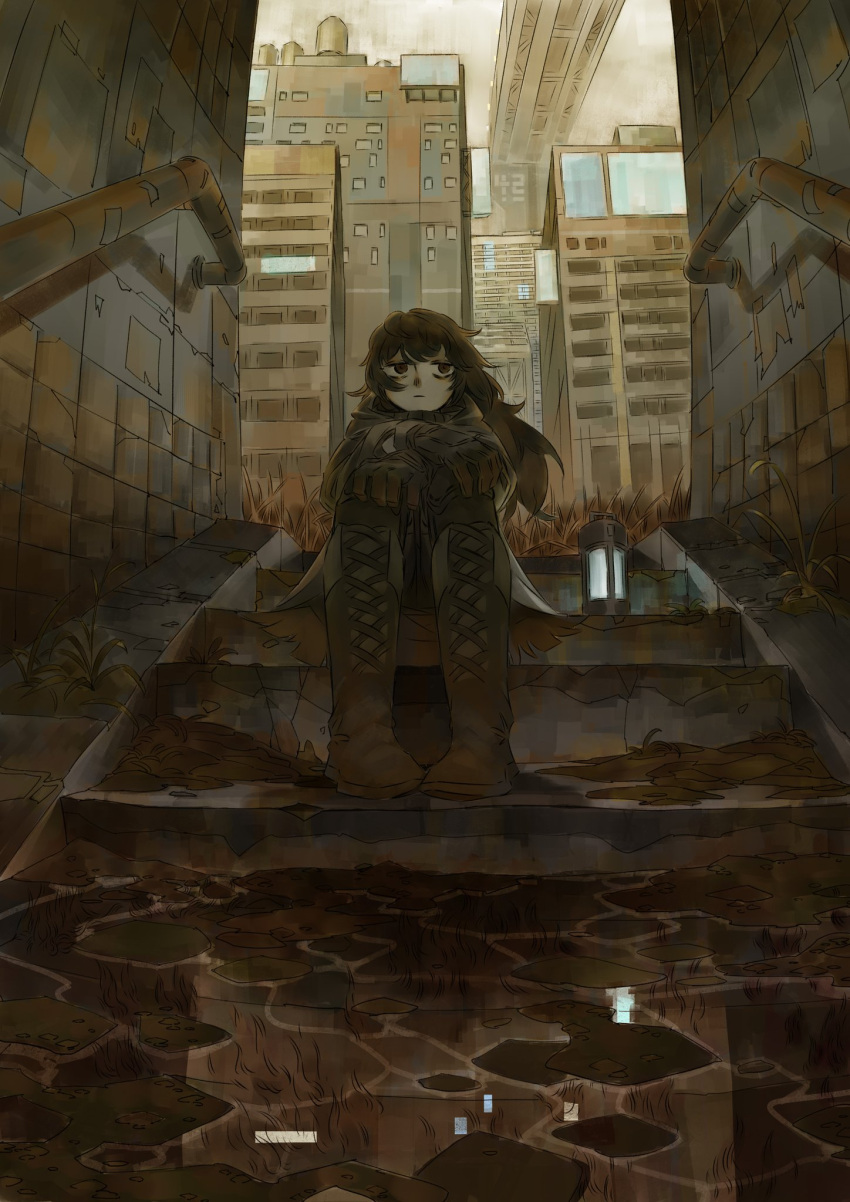 1girl, alley, bags_under_eyes, boots, brown_eyes, brown_hair, brown_sky, brown_theme