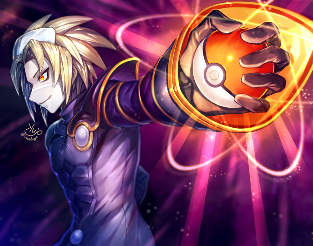1boy, artist_name, black_gloves, blonde_hair, coat, commentary_request, gloves, glowing