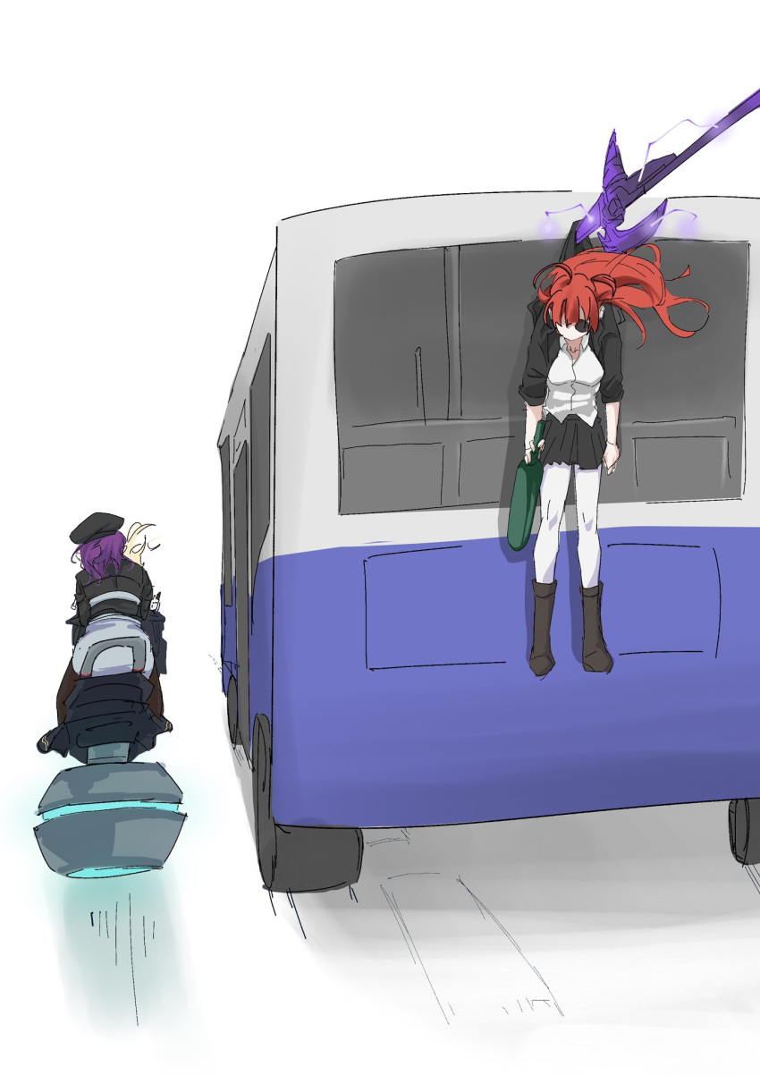 3girls, ahoge, asami_makiko_(heaven_burns_red), beret, bottle, bus, danch331, hat