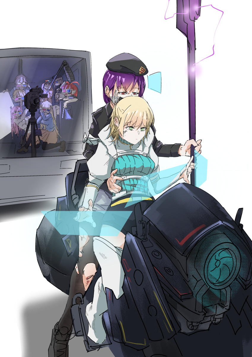 6+girls, absurdres, aikawa_megumi, asakura_karen_(heaven_burns_red), asami_makiko_(heaven_burns_red), black_shorts, blonde_hair, danch331, green_eyes, hands_on_another's_waist, heaven_burns_red, highres, izumi_yuki_(heaven_burns_red), kayamori_ruka, kunimi_tama, motor_vehicle, multiple_girls, nanase_nanami_(heaven_burns_red), purple_hair, red_eyes, short_hair, shorts, team_31a_(heaven_burns_red), tezuka_saki, thigh-highs, tight_clothes, torn_clothes, torn_thighhighs, toujou_tsukasa, weapon, yuri