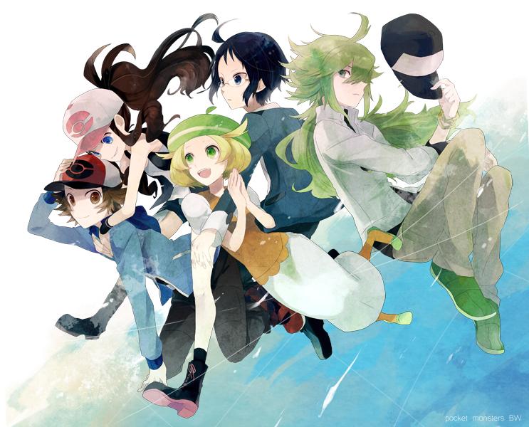 baseball_cap, bel_(pokemon), bell_(pokemon), black_hair, blonde_hair, blue_eyes, brown_eyes, brown_hair