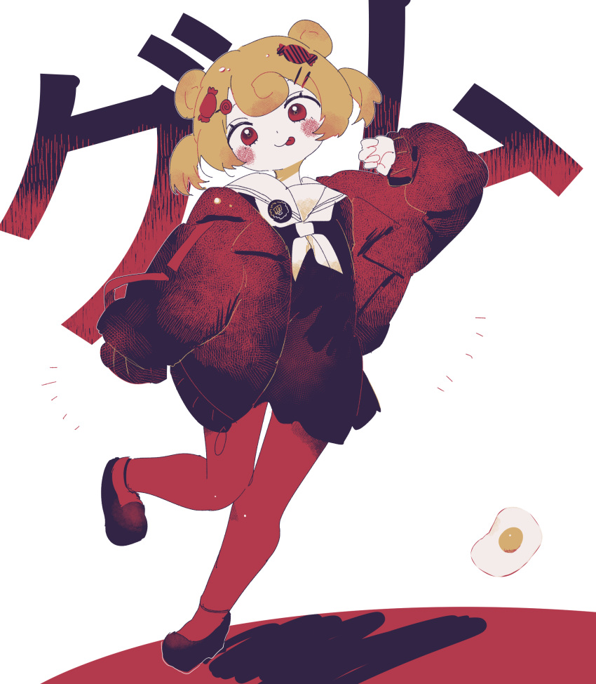 1girl, :p, animal_ears, arknights, bear_ears, black_dress, black_shoes, blonde_hair, blush_stickers, candy_hair_ornament, dress, food-themed_hair_ornament, fried_egg, full_body, gummy_(arknights), hair_ornament, hairclip, head_tilt, highres, jacket, lollipop_hair_ornament, long_sleeves, match_bou_(match_match03), neckerchief, open_clothes, open_jacket, pantyhose, puffy_long_sleeves, puffy_sleeves, red_eyes, red_jacket, red_pantyhose, sailor_collar, sailor_dress, shoes, sleeves_past_fingers, sleeves_past_wrists, solo, standing, standing_on_one_leg, tongue, tongue_out, translation_request, twintails, white_background, white_neckerchief, white_sailor_collar