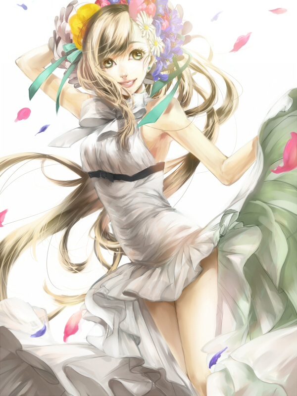 bare_shoulders, blonde_hair, bow, dress, earrings, flower, green_eyes, hair_flower