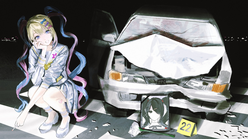 1girl, absurdres, ame-chan_(needy_girl_overdose), bingi, blonde_hair, blue_bow, blue_eyes, blue_hair