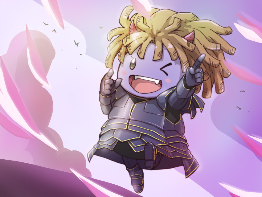 >_o, 1girl, ;d, arm_up, armor, black_armor, blonde_hair, blush_stickers