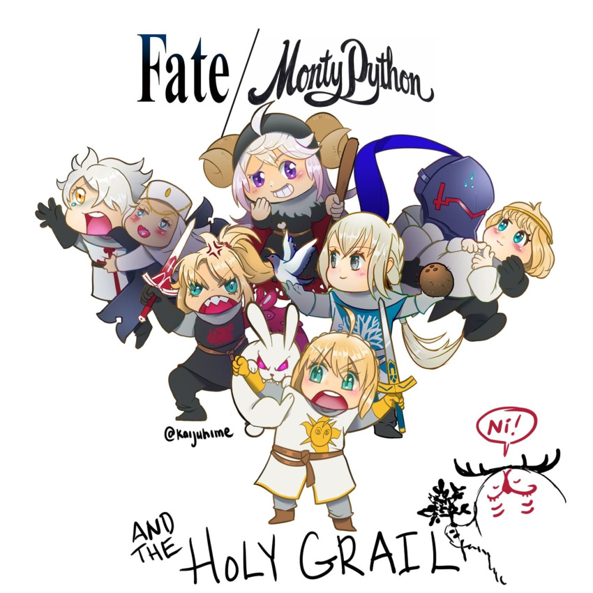3girls, 6+boys, ahoge, alternate_potrayals, angry, armor, bad_source, bedivere_(fate), berserker_(fate/zero), bird, black_knight_(monty_python), black_knight_(monty_python)_(cosplay), blood, blush, cernunnos_(fate), coconut, cosplay, english_text, excalibur_(fate/stay_night), fake_horns, fate/grand_order, fate_(series), galahad_(fate), gloves, green_eyes, heart, heart-shaped_eyes, highres, holding, holding_staff, horned_headwear, horns, killer_rabbit_of_caerbannog, king_arthur_(monty_python), king_arthur_(monty_python)_(cosplay), knight, merlin_(fate), missing_limb, monty_python, monty_python_and_the_holy_grail, multiple_boys, multiple_girls, parody, rabbit, red_eyes, scared, scene_reference, sir_bedivere_(monty_python), sir_bedivere_(monty_python)_(cosplay), sir_galahad_the_pure_(monty_python), sir_galahad_the_pure_(monty_python)_(cosplay), sir_lancelot_(monty_python), sir_robin_the-not-quite-so-brave-as-sir-lancelot, staff, tim_the_enchanter, tim_the_enchanter_(cosplay), trait_connection, violet_eyes, yellow_eyes, zoot_(monty_python)