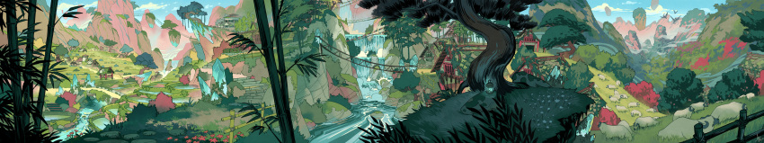 absurdly_wide_shot, absurdres, ann_maulina, architecture, bamboo, bridge, building, bush