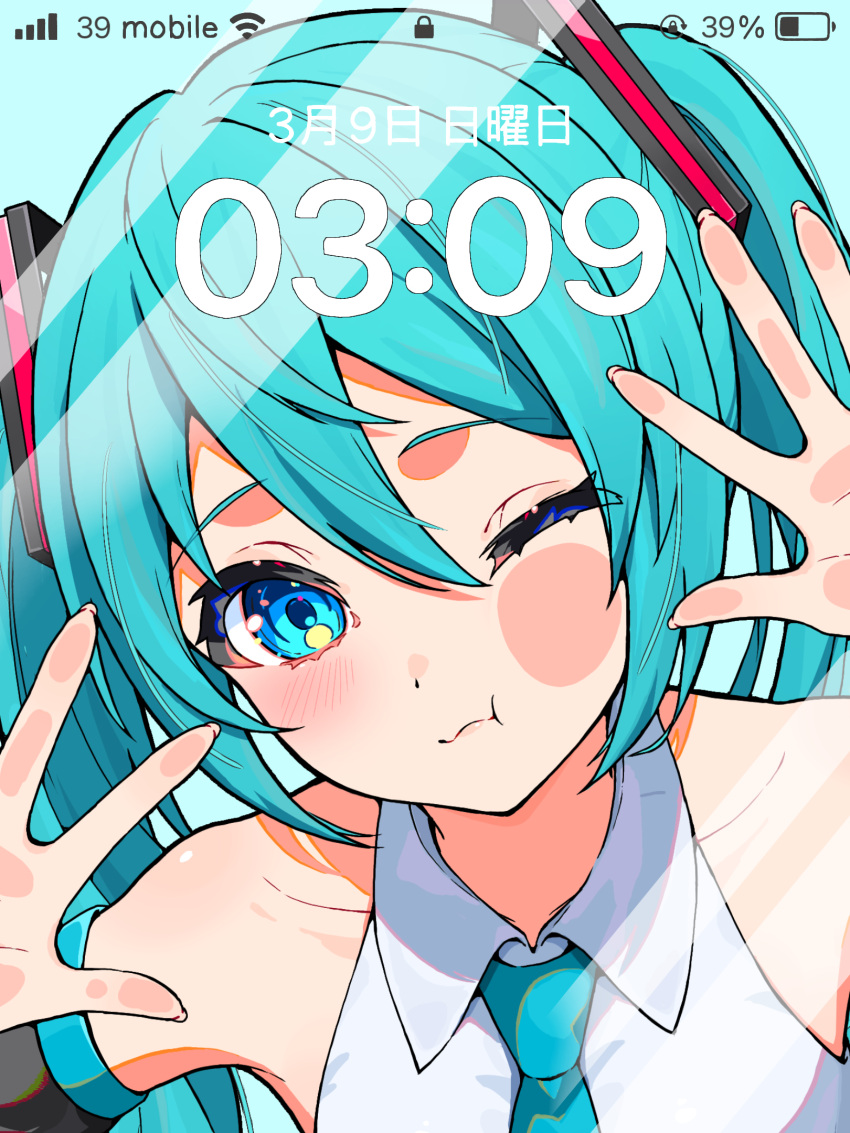 1girl, 39, :s, :t, against_glass, aqua_eyes, aqua_hair, aqua_necktie