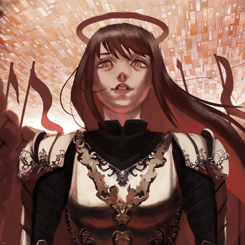 1girl, 6+others, absurdres, armor, arondiolex, banner, battle_standard, blood, blood_halo, breastplate, chainsaw_man, door, halo, hell, highres, light_smile, liquid_halo, looking_at_viewer, looking_down, makima_(chainsaw_man), multiple_others, pauldrons, red_hair, red_halo, ringed_eyes, shoulder_armor, sidelocks, smile, war_banner, yellow_eyes