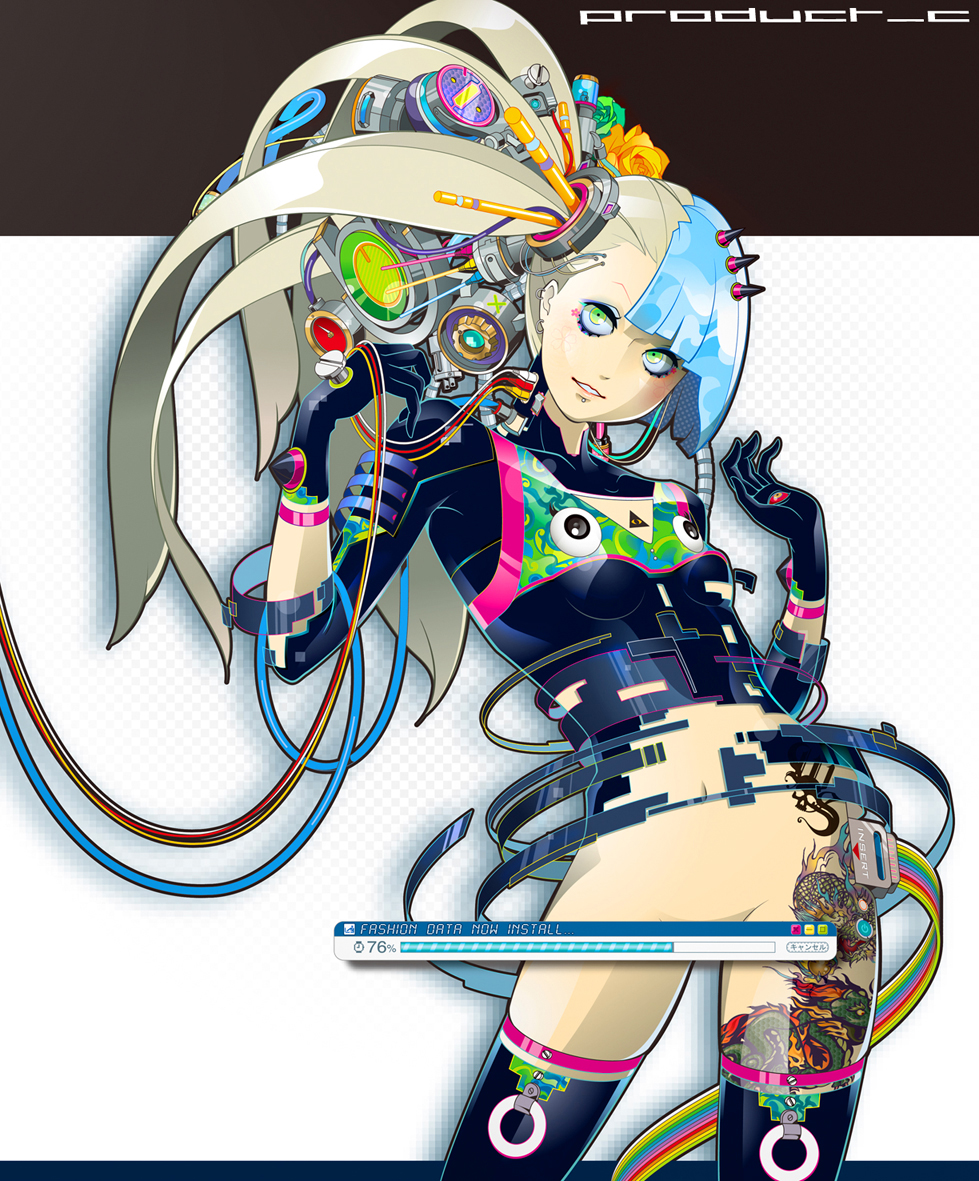 artist_request, computer, fashion, gloves, green_eyes, hiroyuki_takahashi, mecha, multicolored_hair, original, science_fiction, solo, tattoo, thigh-highs, thighhighs, wires