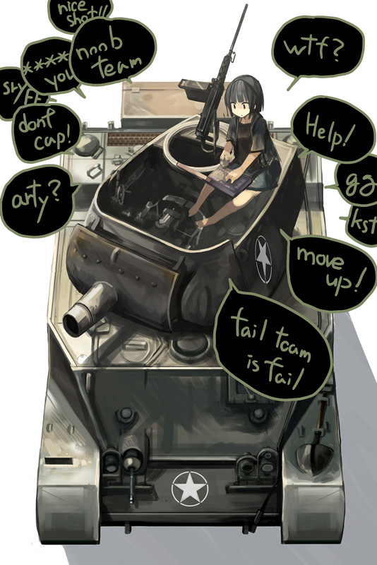 black_hair, commentary, computer, computer_mouse, english, heavy_machine_gun, laptop, m5_stuart, m8, m8_scott, machine_gun, military, military_vehicle, playing_games, scott, short_hair, sitting, solo, tank, vehicle, world_of_tanks