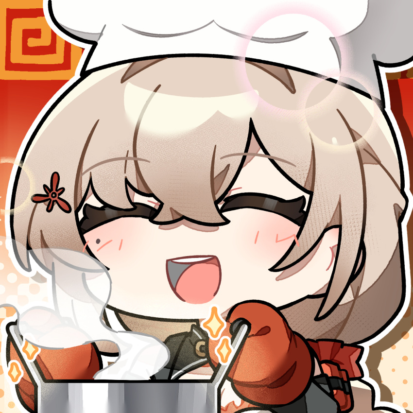 1girl, :d, artist_request, blonde_hair, braid, chibi, chibi_only, chinese_commentary, closed_eyes, cooking_pot, girls'_frontline_2:_exilium, girls_frontline, hair_intakes, highres, holding, holding_cooking_pot, mole, mole_under_eye, official_art, open_mouth, oven_mitts, qiuhua_(girls'_frontline_2), second-party_source, smile, solo, sparkle, teeth, type_97_shotgun_(girls'_frontline), upper_teeth_only