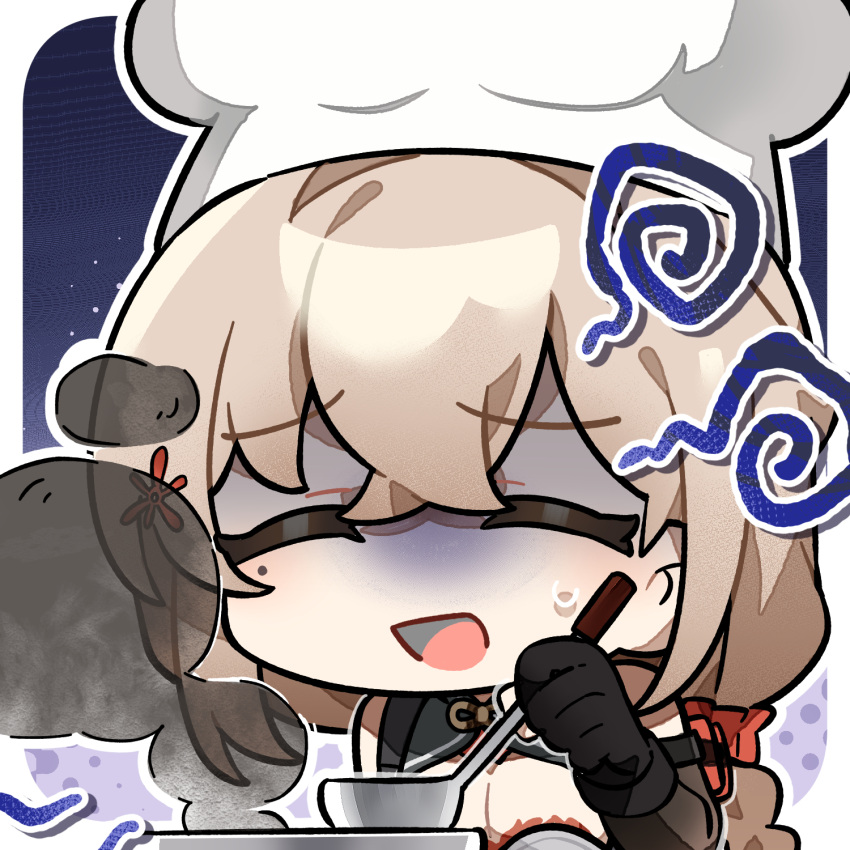 1girl, artist_request, black_gloves, blonde_hair, braid, chef_hat, chibi, chibi_only, chinese_commentary, closed_eyes, girls'_frontline_2:_exilium, girls_frontline, gloves, hair_intakes, hat, highres, holding, holding_ladle, ladle, mole, mole_under_eye, official_art, qiuhua_(girls'_frontline_2), second-party_source, smoke, solo, squiggle, sweatdrop, type_97_shotgun_(girls'_frontline)