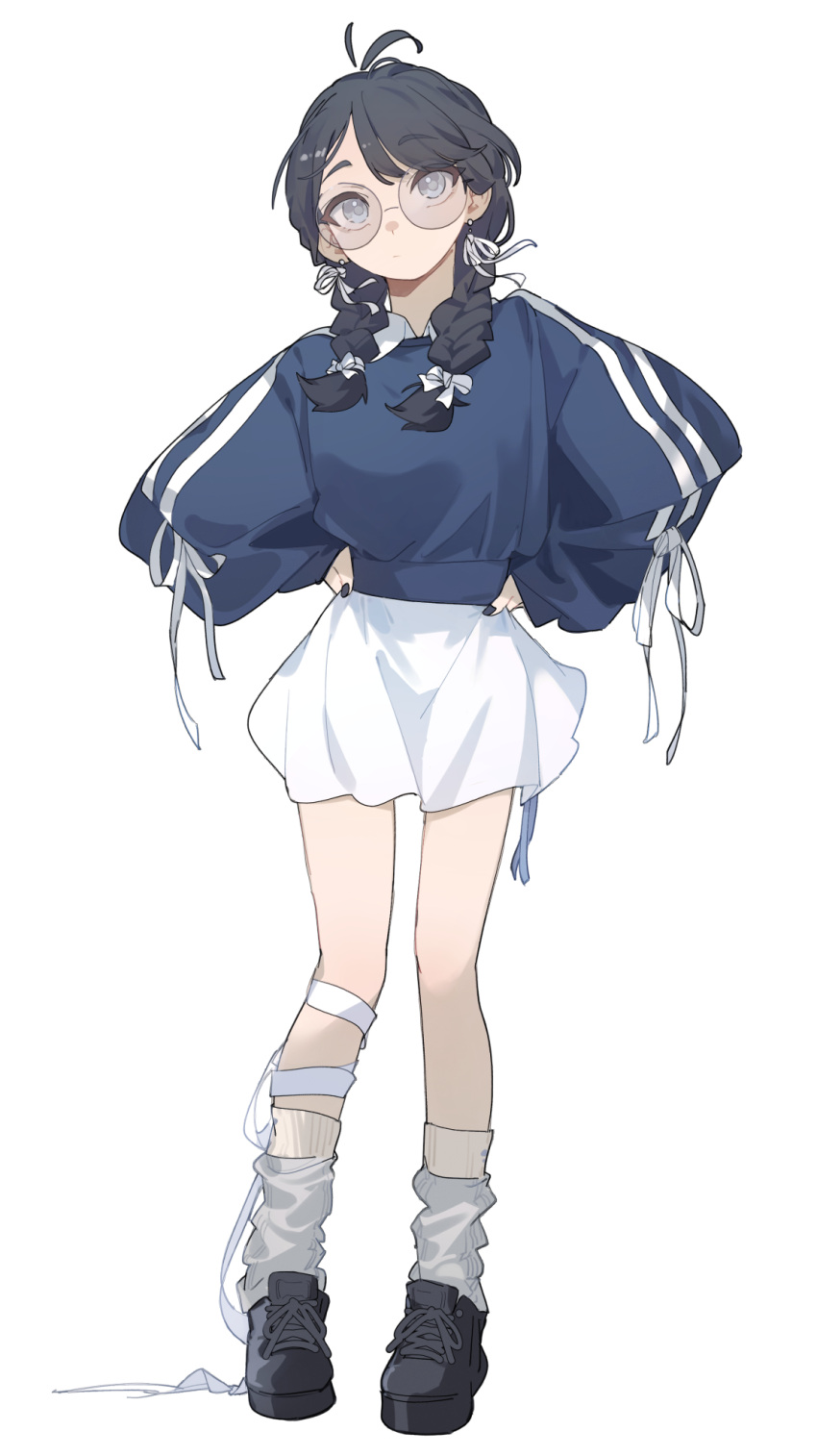 1girl, antenna_hair, black_hair, black_nails, black_shoes, blue_sweater, bow, braid
