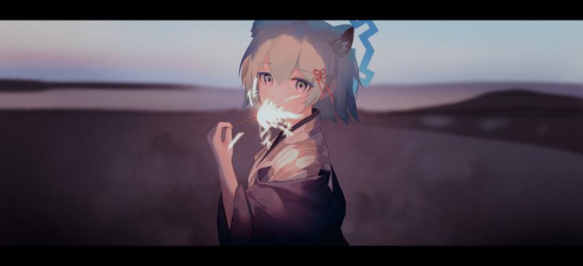 1girl, absurdres, animal_ear_fluff, animal_ears, blue_archive, blue_eyes, blue_hair, blue_jacket, blush, hair_between_eyes, hair_ribbon, highres, holding, holding_fireworks, incredibly_absurdres, jacket, japanese_clothes, kimono, looking_at_viewer, medium_hair, official_alternate_costume, open_mouth, red_ribbon, ribbon, shigure_(blue_archive), shigure_(hot_spring)_(blue_archive), shinba233, sidelocks, solo, upper_body, weasel_ears, weasel_girl, white_kimono