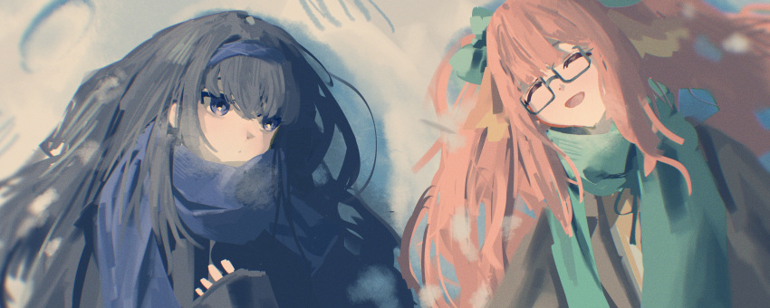 2girls, absurdres, alternate_costume, black_hair, black_jacket, blue_archive, blue_bow, blue_scarf