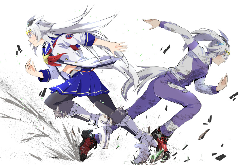 2girls, ahoge, akiduki_(gundogs), animal_ears, belt, black_pantyhose, blue_eyes, blue_jacket