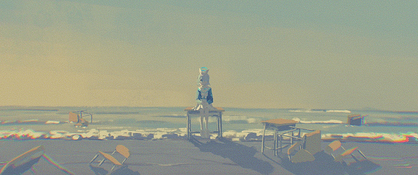 1girl, absurdres, arona_(blue_archive), beach, blue_archive, blue_eyes, blue_hair, blue_halo