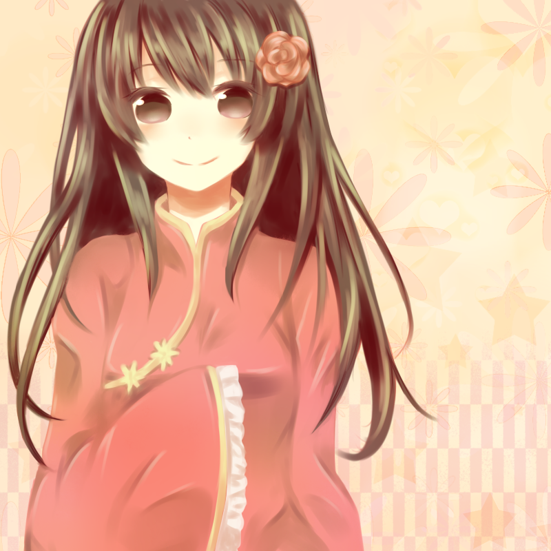 bad_id, brown_eyes, brown_hair, chinese_clothes, flower, hair_flower, hair_ornament, long_hair