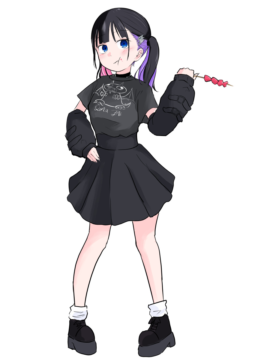 1girl, absurdres, black_hair, black_nails, black_shirt, black_shoes, black_skirt, blue_eyes