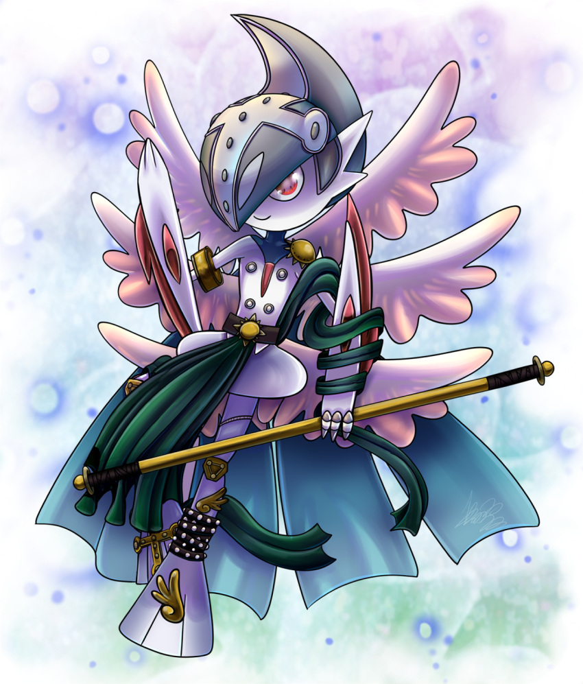 angel_wings, angemon, angemon_(cosplay), arm_blade, colored_skin, cosplay, digimon, gallade, helmet, highres, holding, holding_staff, mamajebbun, mega_gallade, mega_pokemon, pink_eyes, pokemon, pokemon_(creature), smile, staff, weapon, white_skin, wings
