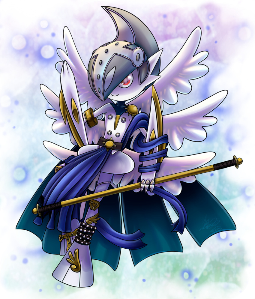 angel_wings, angemon, angemon_(cosplay), arm_blade, colored_skin, cosplay, digimon, gallade, helmet, highres, holding, holding_staff, mamajebbun, mega_gallade, mega_pokemon, pink_eyes, pokemon, pokemon_(creature), smile, staff, weapon, white_skin, wings