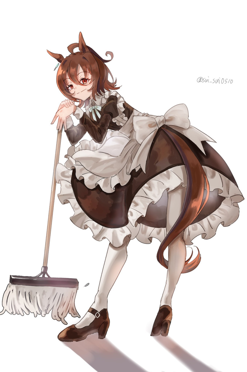 1girl, agnes_tachyon_(umamusume), ahoge, animal_ears, apron, black_dress, black_shoes, bow